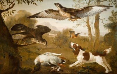 foto di un anrtico dipinto con ritratti dei cani e dei falchi che cacciano insieme